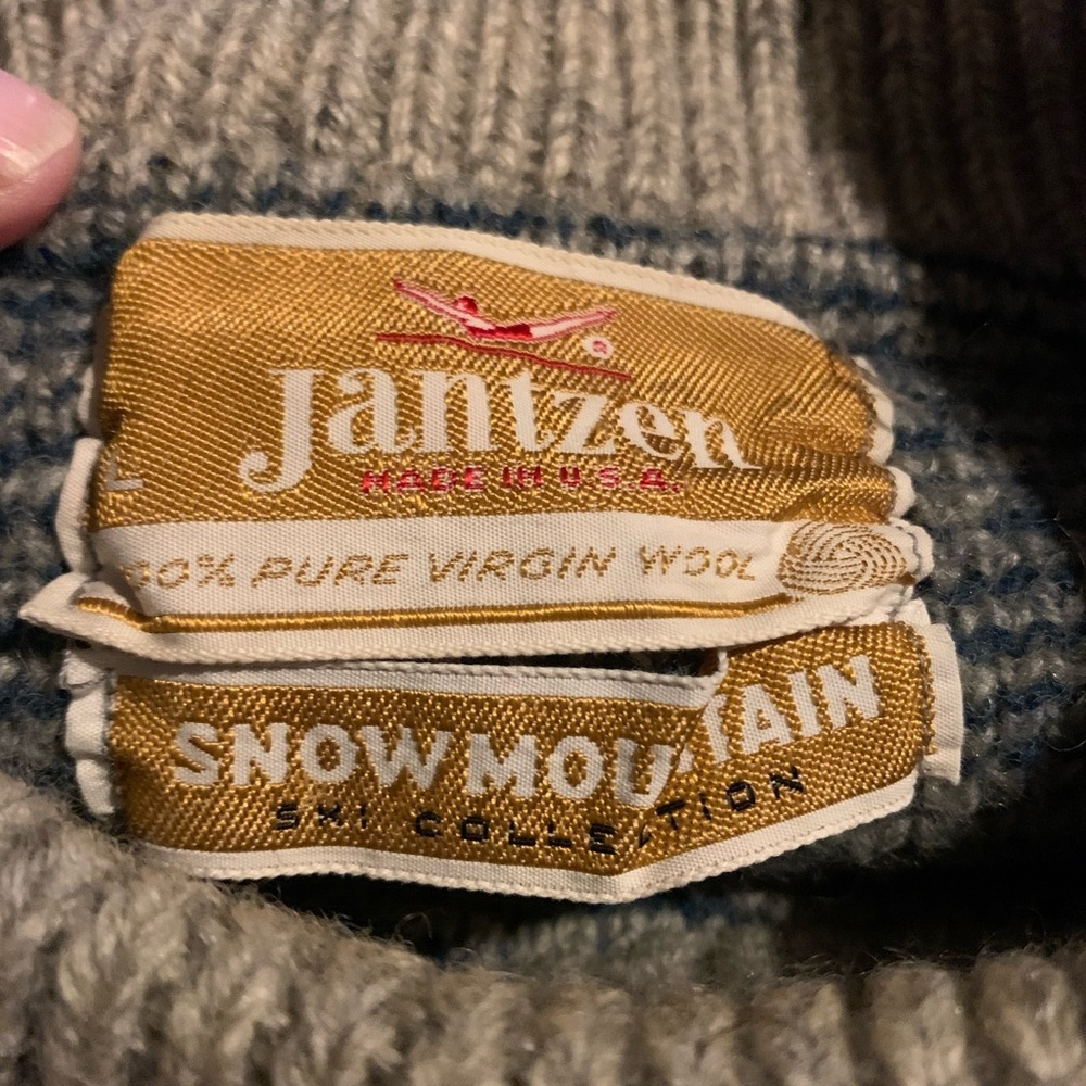Jantzen Tan and Blue Crewneck Sweater Nordic Pattern 100% virgin wool Large - Picture 4 of 8